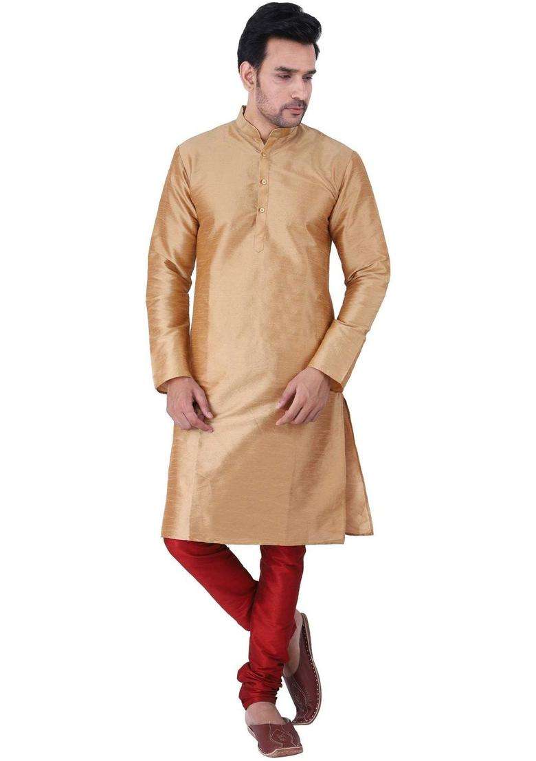 Gold Solid Silk Blend Kurta Set For Men - Indya
