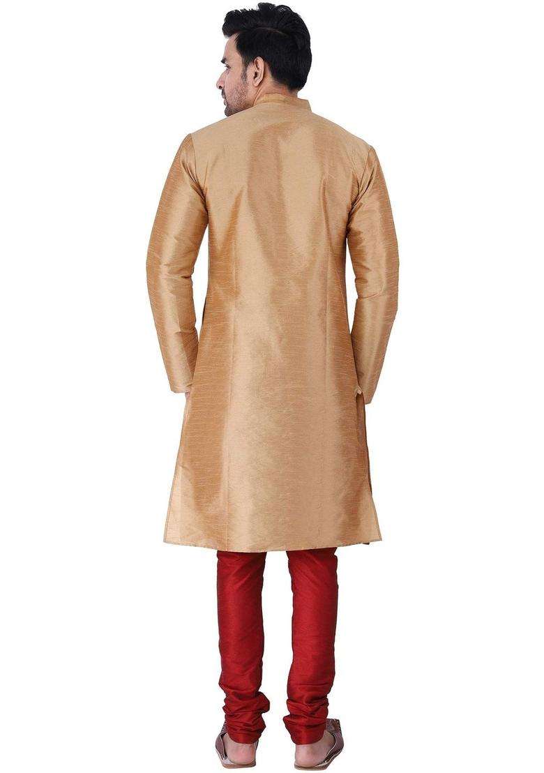 Gold Solid Silk Blend Kurta Set For Men - Indya