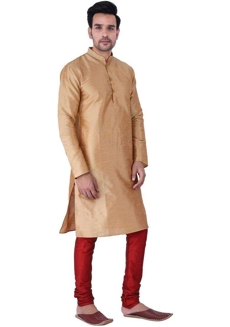 Gold Solid Silk Blend Kurta Set For Men - Indya