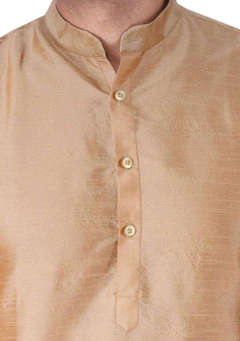 Gold Solid Silk Blend Kurta Set For Men - Indya