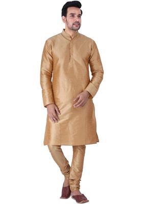 Gold Solid Silk Kurta Set For Men