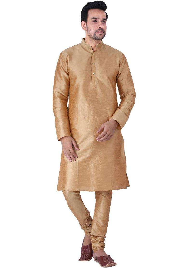 Gold Solid Silk Blend Kurta Set For Men - Indya