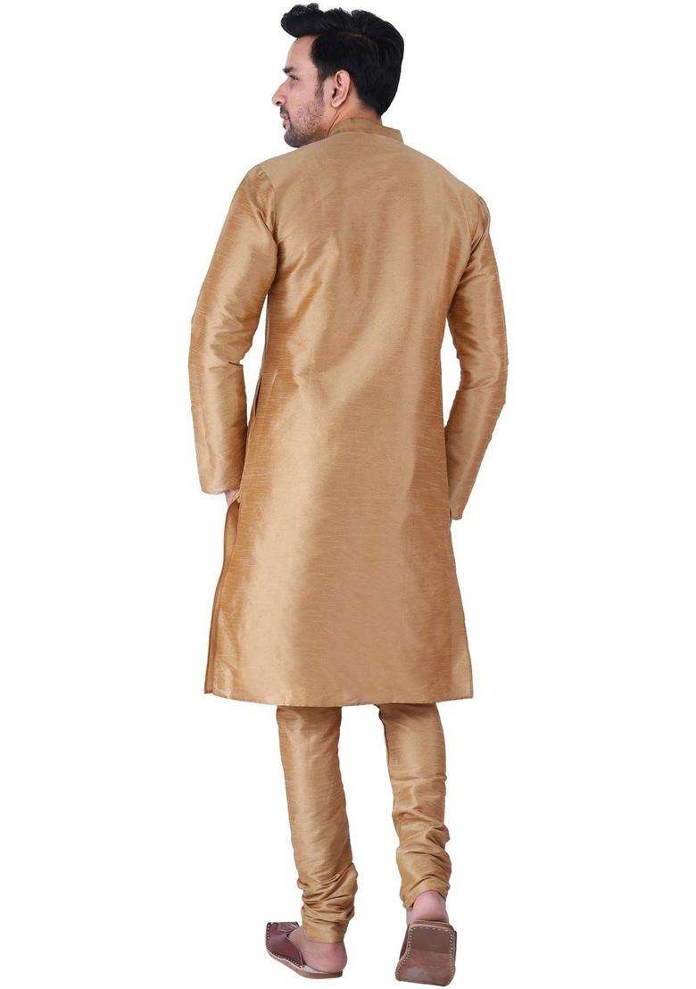 Gold Solid Silk Blend Kurta Set For Men - Indya