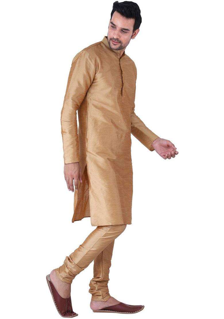 Gold Solid Silk Blend Kurta Set For Men - Indya