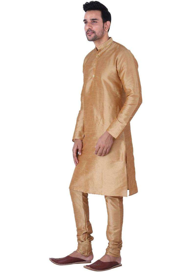 Gold Solid Silk Blend Kurta Set For Men - Indya