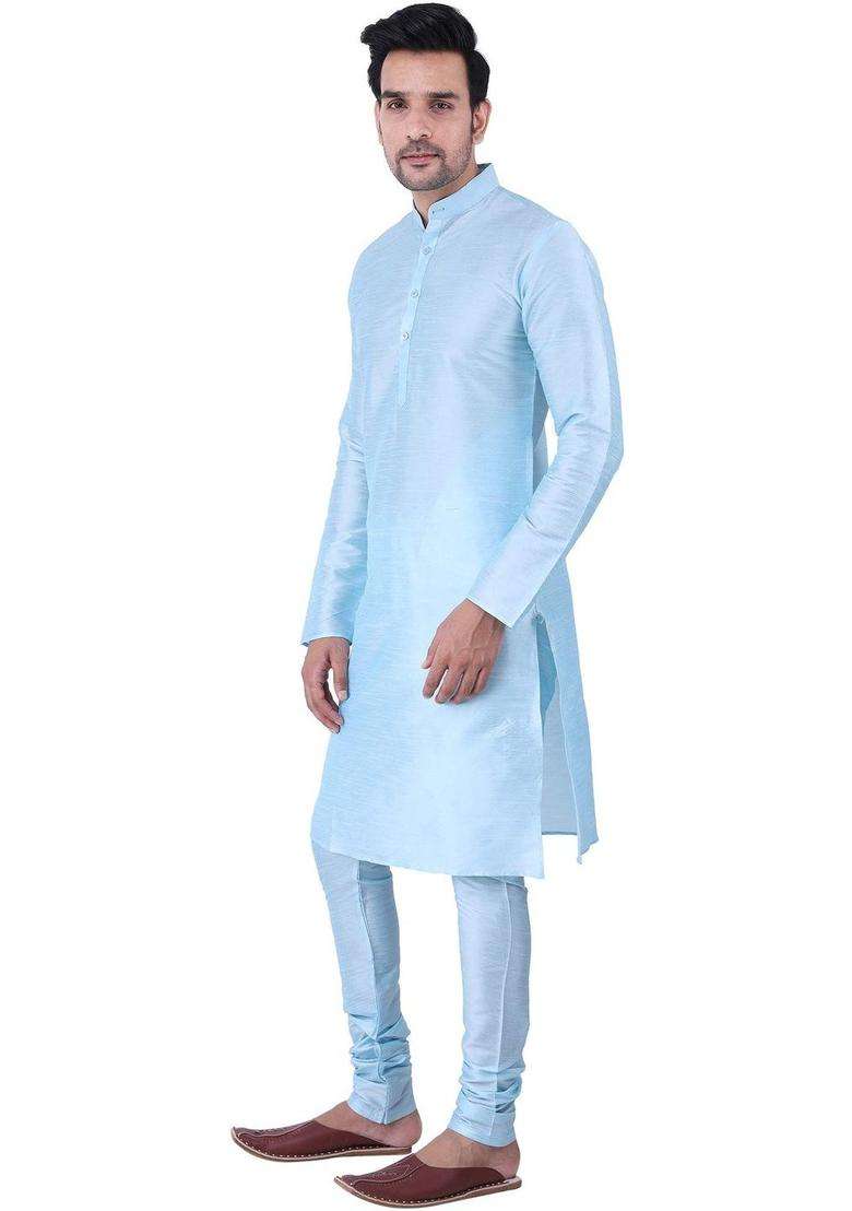 Blue Solid Silk Blend Kurta Set For Men - Indya