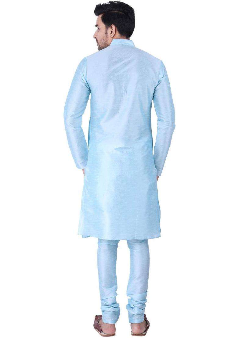Blue Solid Silk Blend Kurta Set For Men - Indya