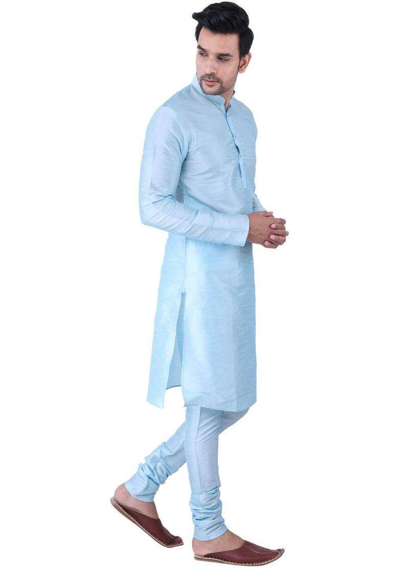 Blue Solid Silk Blend Kurta Set For Men - Indya