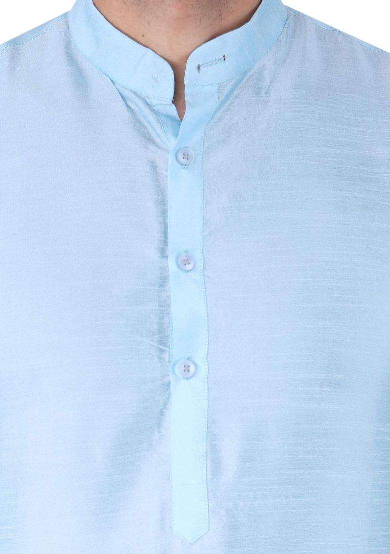 Blue Solid Silk Blend Kurta Set For Men - Indya