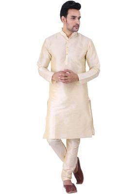 Cream Solid Silk Blend Kurta Set For Men