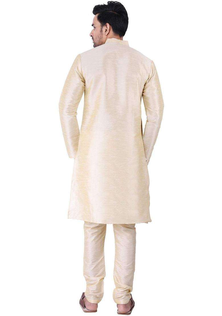 Cream Solid Silk Blend Kurta Set For Men - Indya