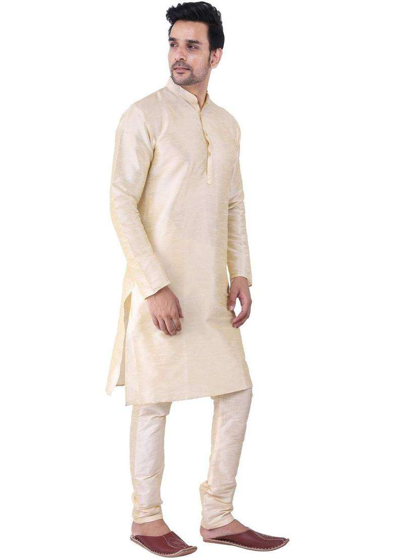 Cream Solid Silk Blend Kurta Set For Men - Indya