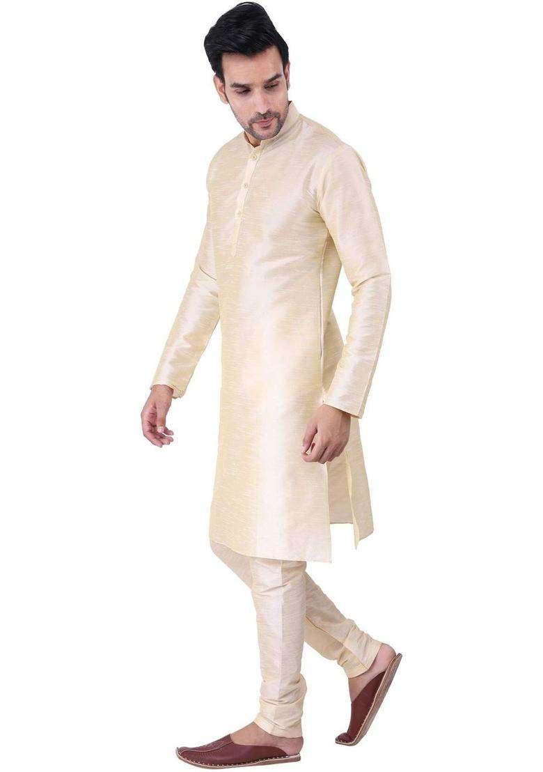 Cream Solid Silk Blend Kurta Set For Men - Indya