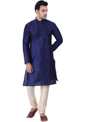 Blue Solid Silk Kurta Set For Men