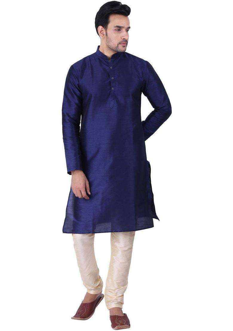 Blue Solid Silk Blend Kurta Set For Men - Indya