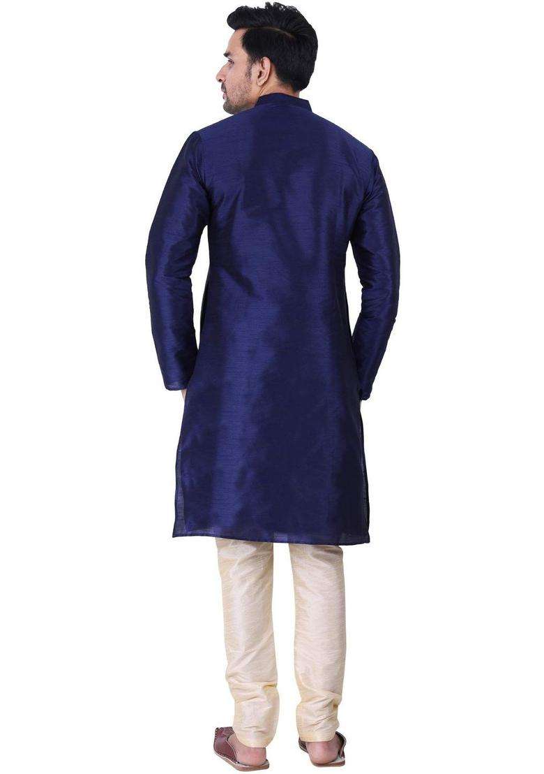 Blue Solid Silk Blend Kurta Set For Men - Indya