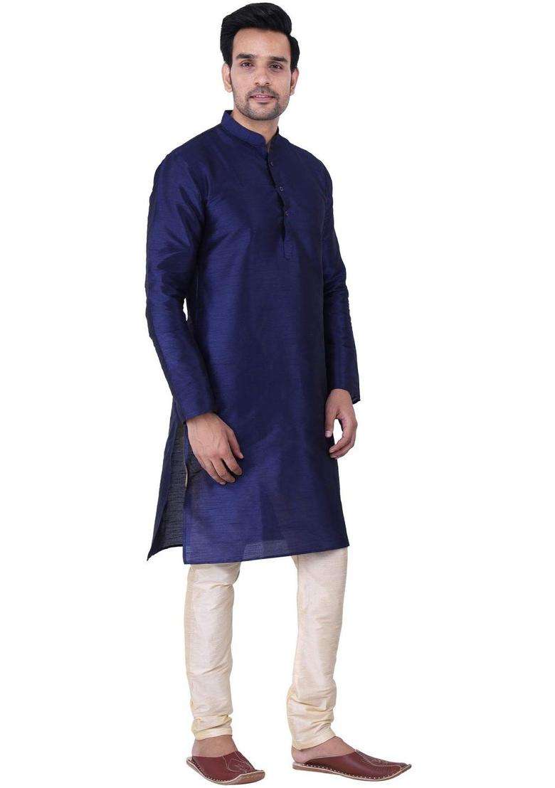Blue Solid Silk Blend Kurta Set For Men - Indya