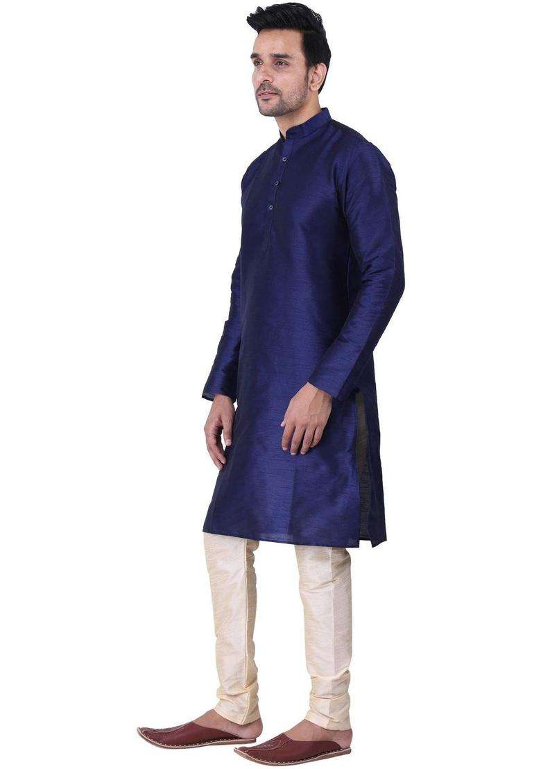 Blue Solid Silk Blend Kurta Set For Men - Indya