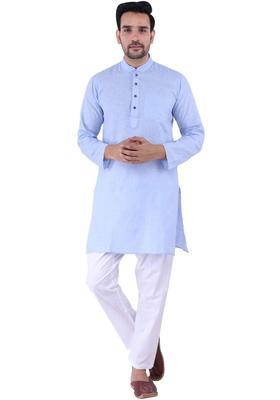Blue Solid Cotton Kurta Set For Men