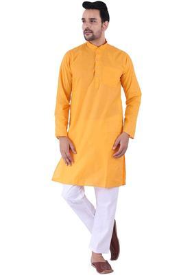 Yellow Solid Cotton Kurta Set For Men