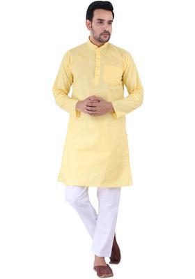 Yellow Solid Cotton Kurta Set For Men