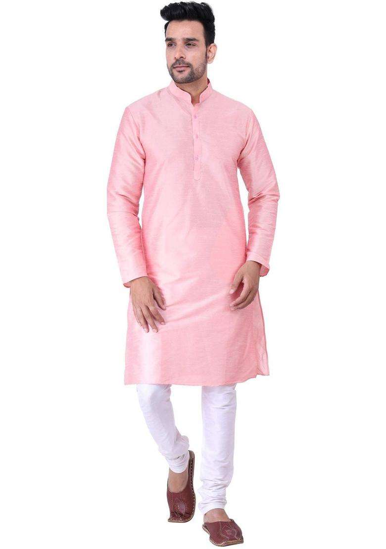 Pink Solid Silk Blend Kurta Set For Men - Indya