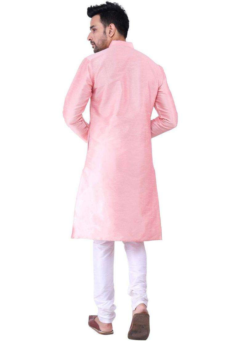 Pink Solid Silk Blend Kurta Set For Men - Indya