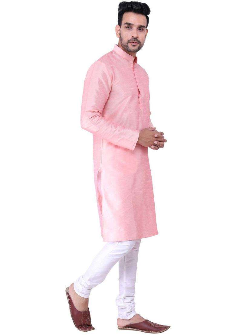 Pink Solid Silk Blend Kurta Set For Men - Indya