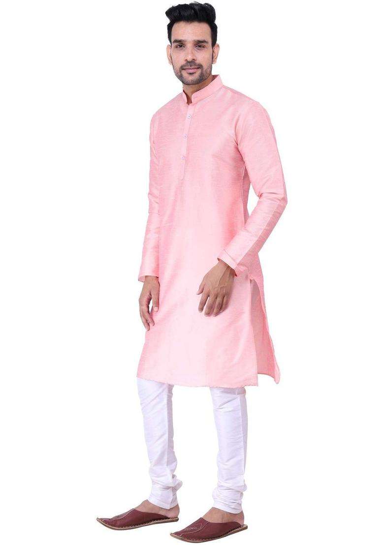 Pink Solid Silk Blend Kurta Set For Men - Indya