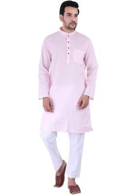Pink Solid Cotton Kurta Set For Men