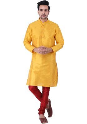 Yellow Solid Silk Kurta Set For Men