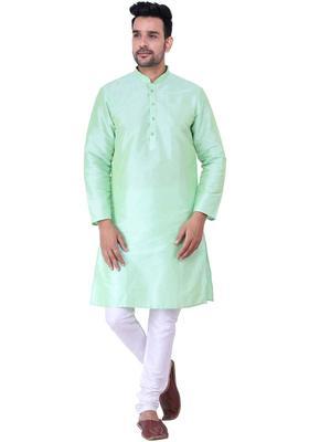 Lime Green Solid Silk Kurta Set For Men