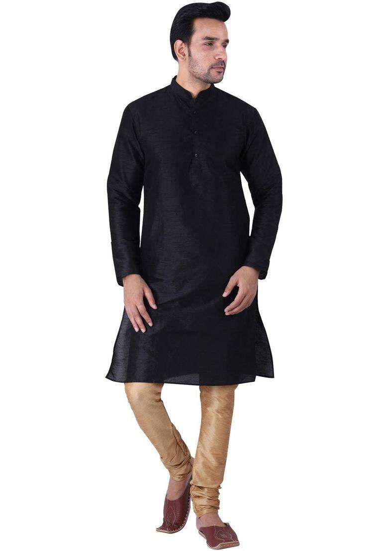 Black Dyed Silk Blend Kurta Set For Men - Indya