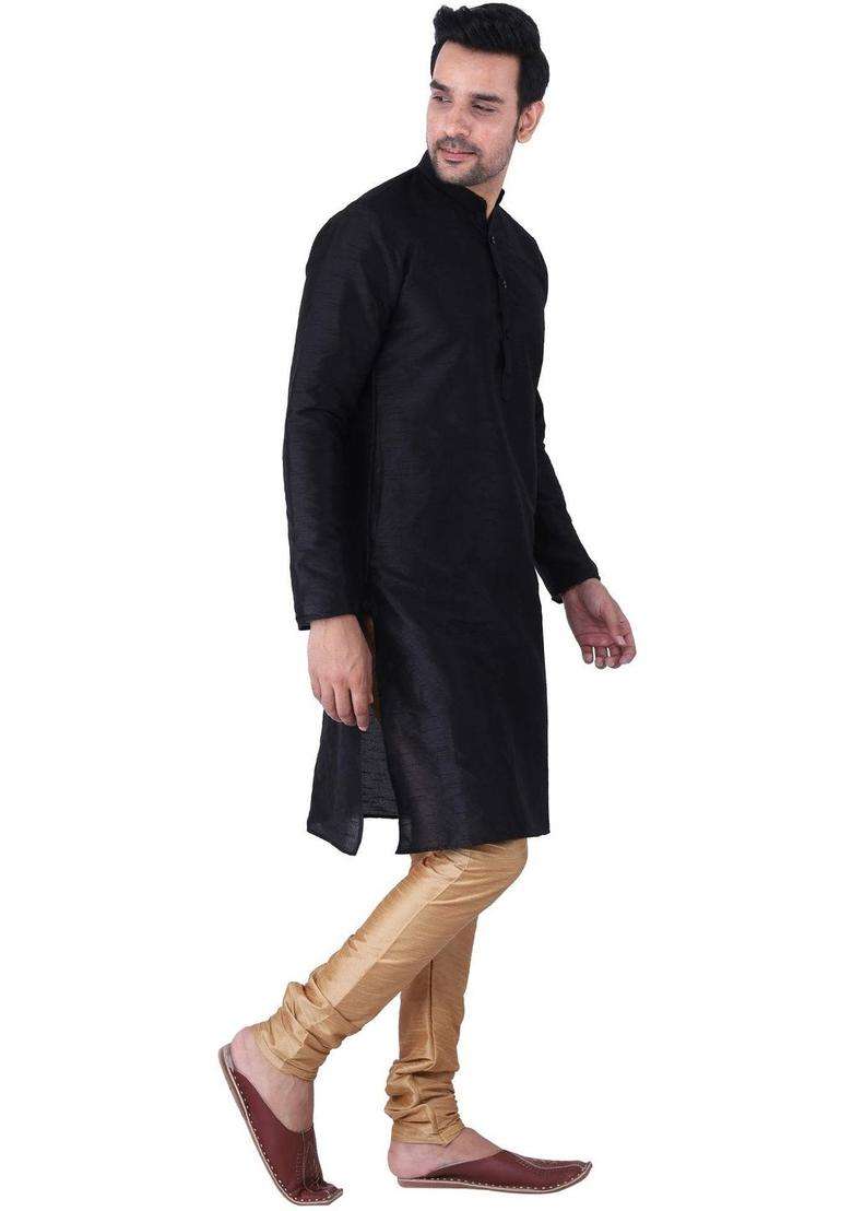 Black Dyed Silk Blend Kurta Set For Men - Indya