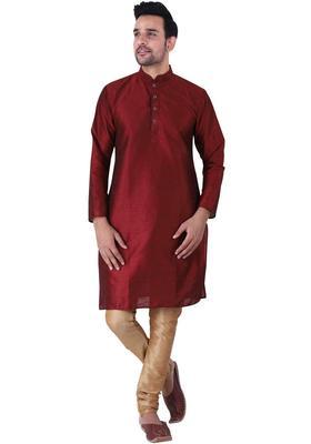 Maroon Solid Silk Kurta Set For Men