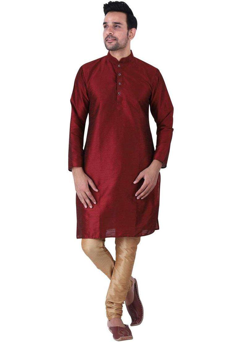 Maroon Solid Silk Blend Kurta Set For Men - Indya