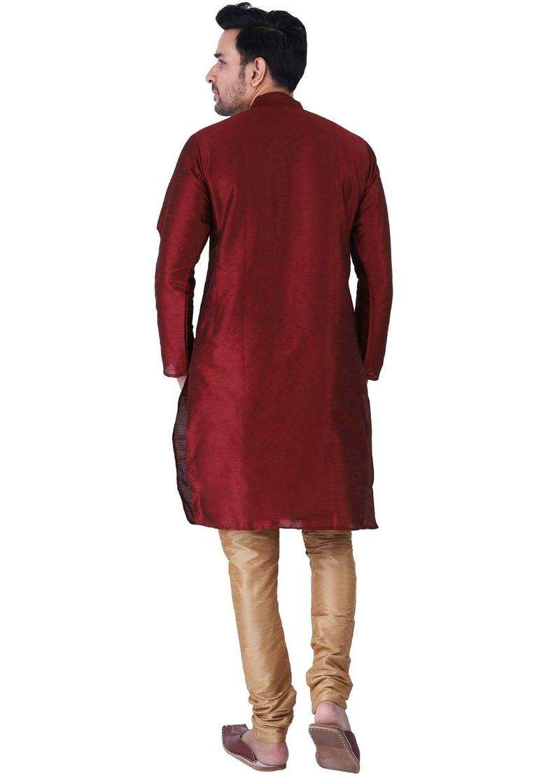 Maroon Solid Silk Blend Kurta Set For Men - Indya