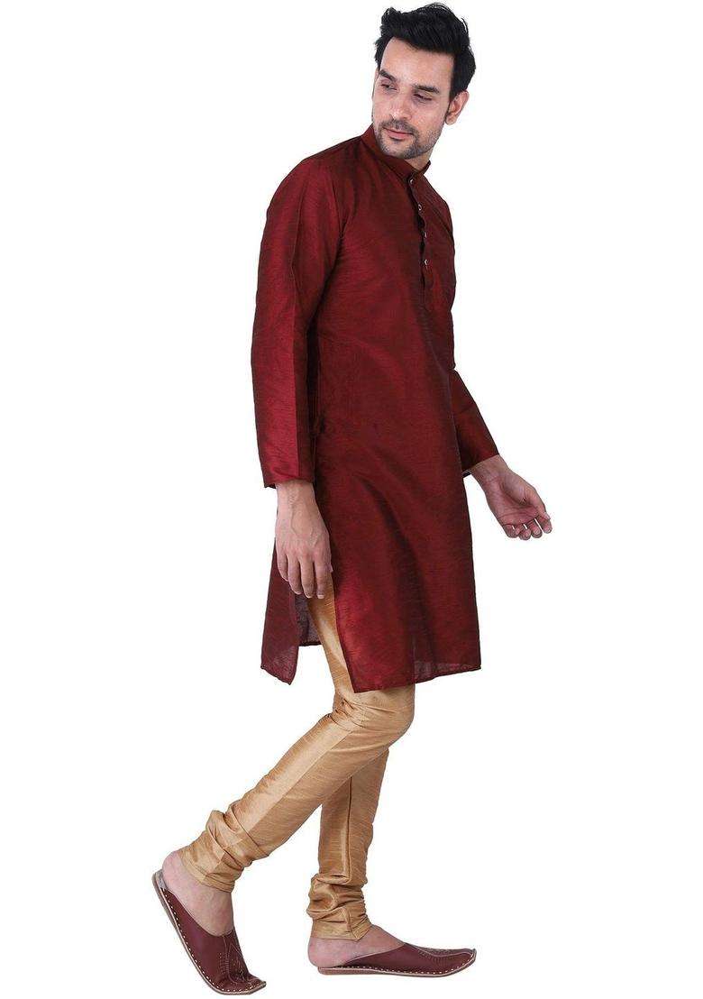 Maroon Solid Silk Blend Kurta Set For Men - Indya