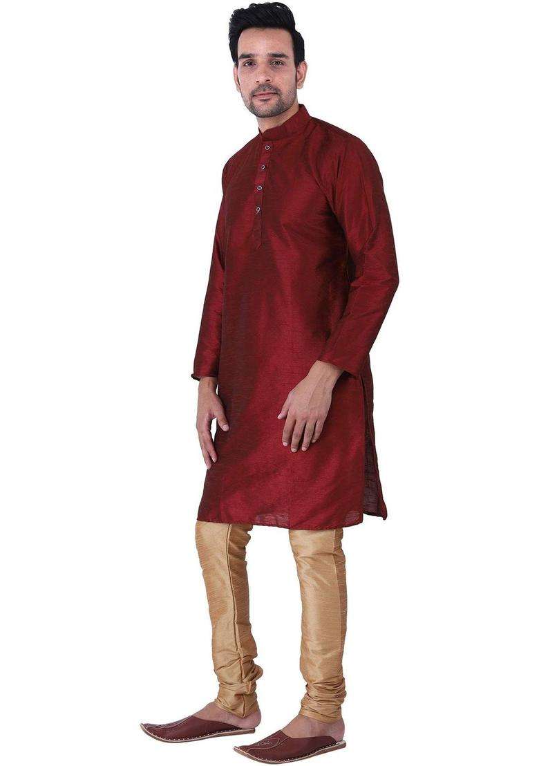 Maroon Solid Silk Blend Kurta Set For Men - Indya