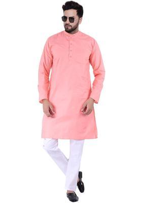 Peach Solid Cotton Kurta Set For Men