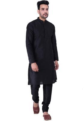 Black Solid Silk Kurta Set For Men