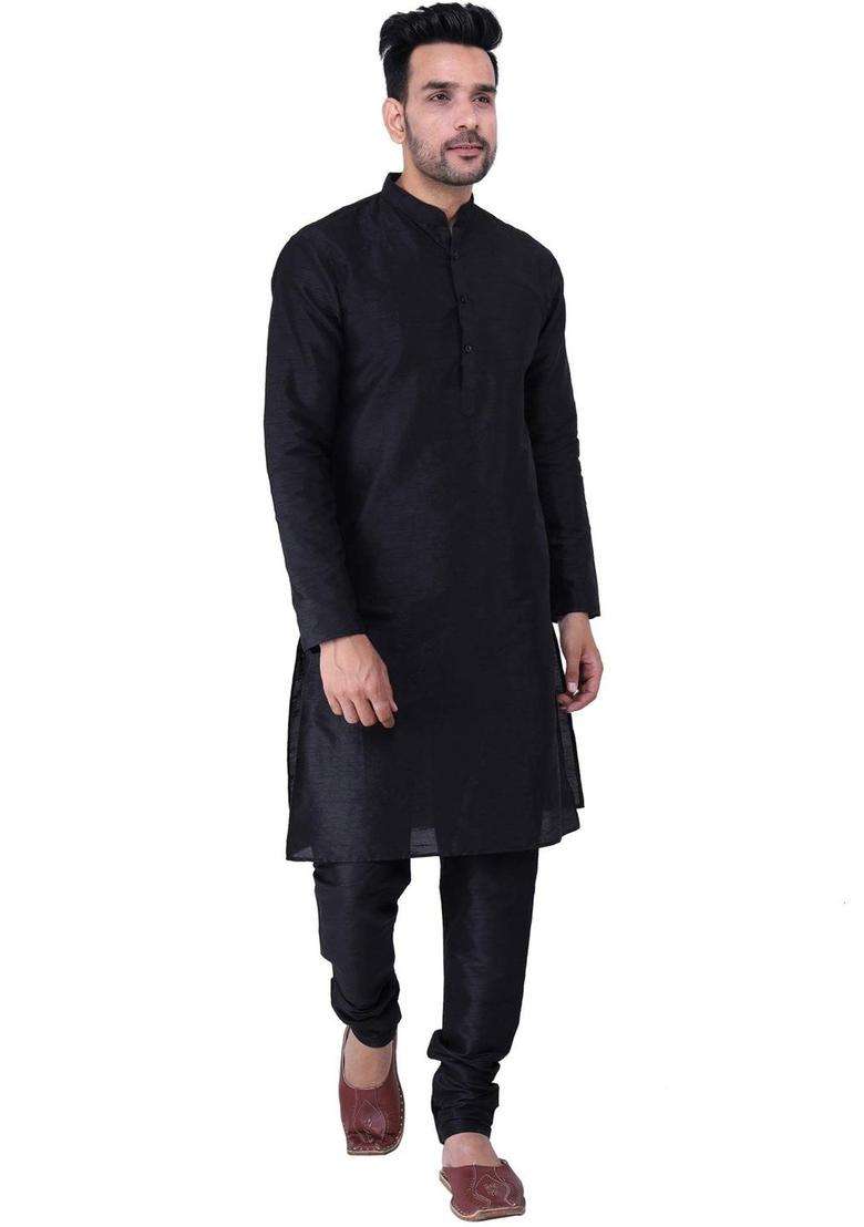 Black Solid Silk Blend Kurta Set For Men - Indya