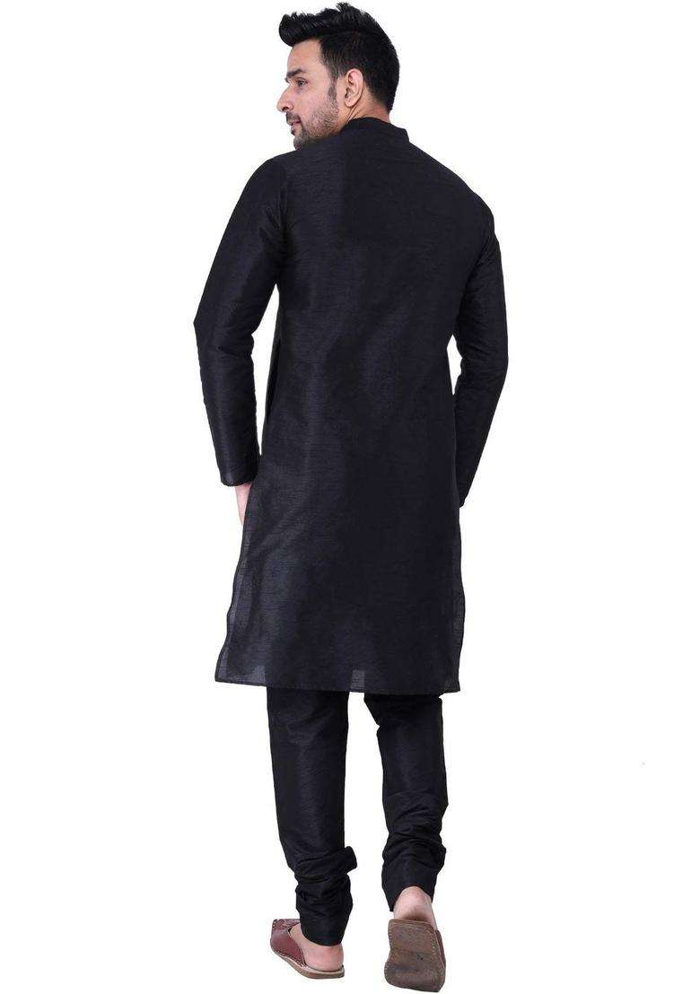 Black Solid Silk Blend Kurta Set For Men - Indya