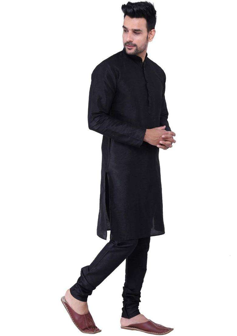 Black Solid Silk Blend Kurta Set For Men - Indya