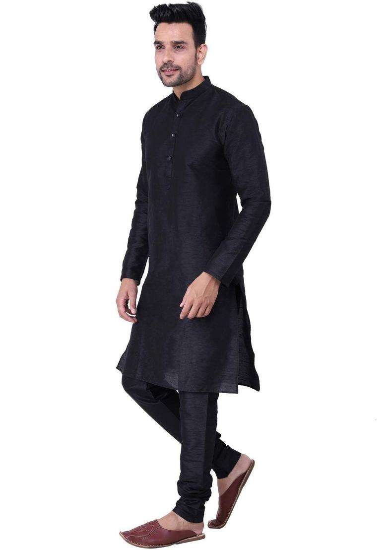 Black Solid Silk Blend Kurta Set For Men - Indya
