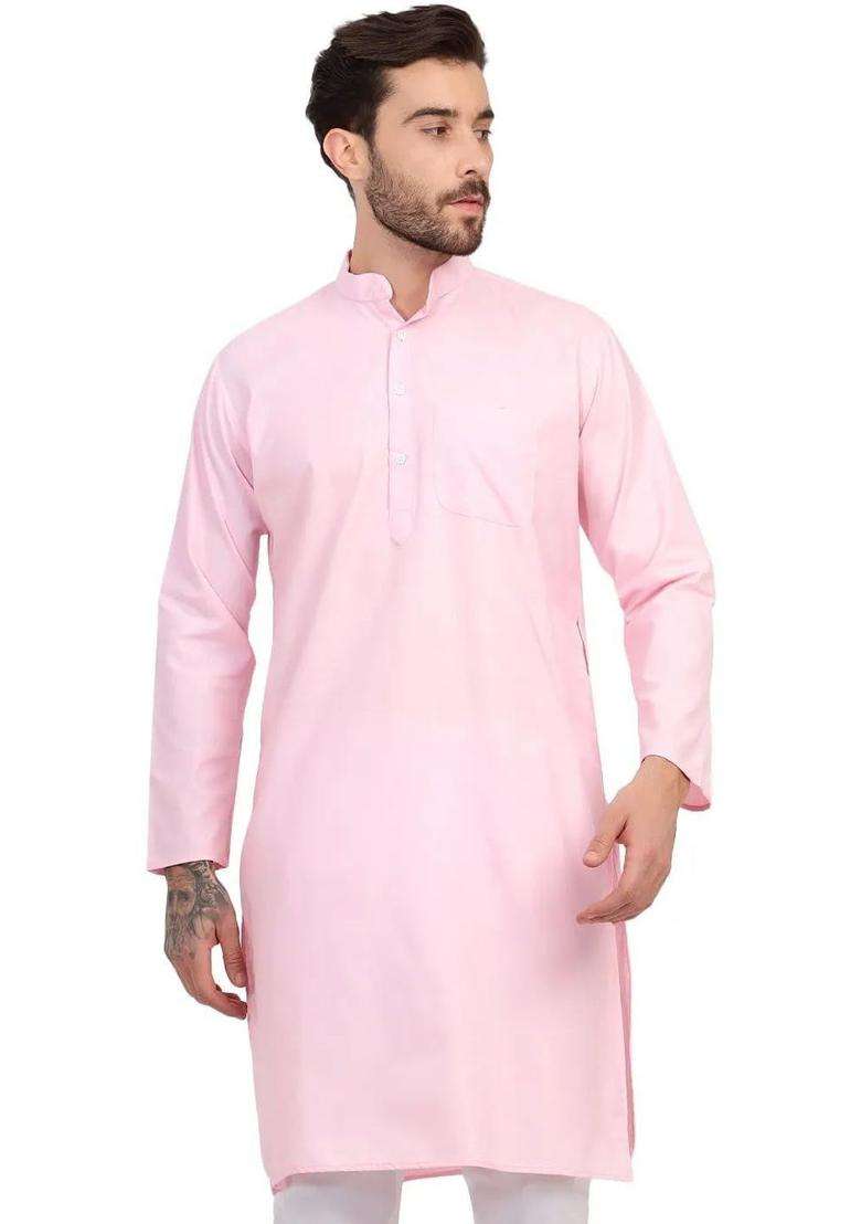 Pink Solid Silk Blend Kurta Set For Men - Indya