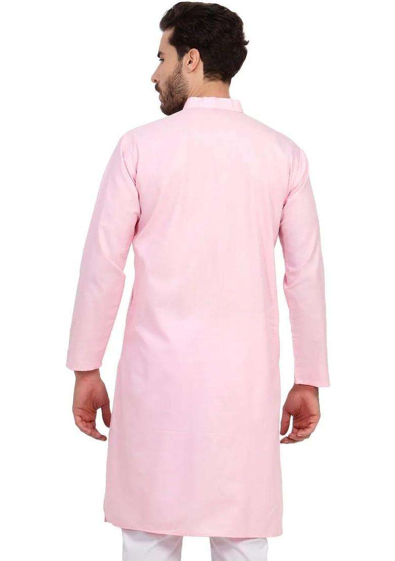 Pink Solid Silk Blend Kurta Set For Men - Indya