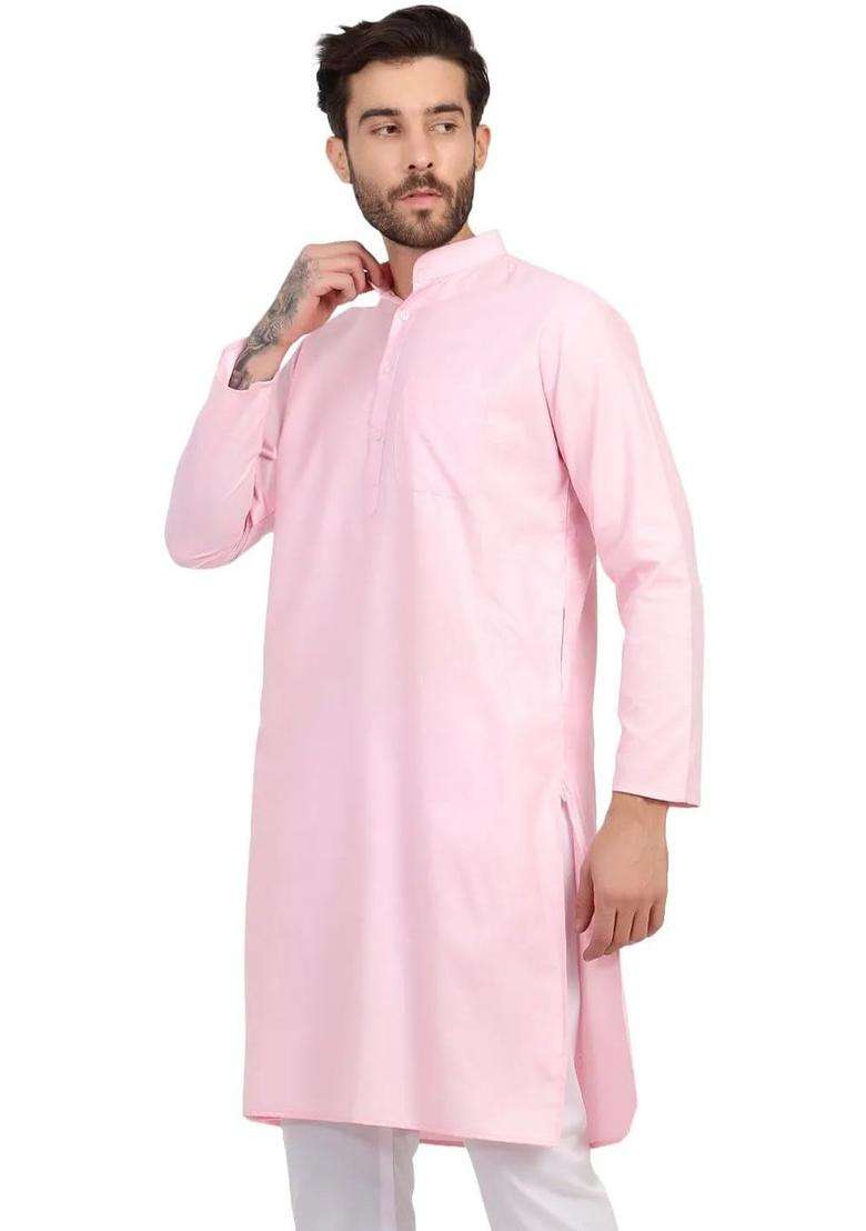 Pink Solid Silk Blend Kurta Set For Men - Indya