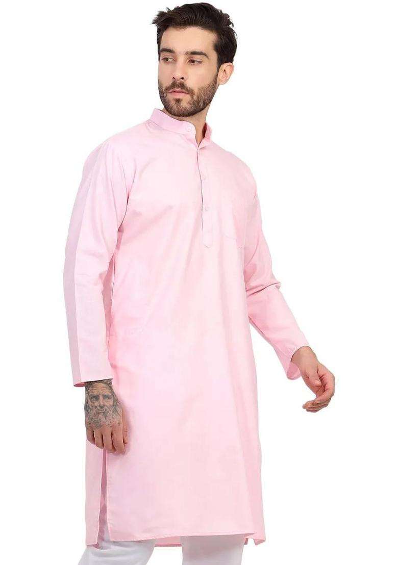 Pink Solid Silk Blend Kurta Set For Men - Indya