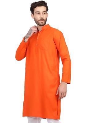 Orange Solid Silk Kurta Set For Men